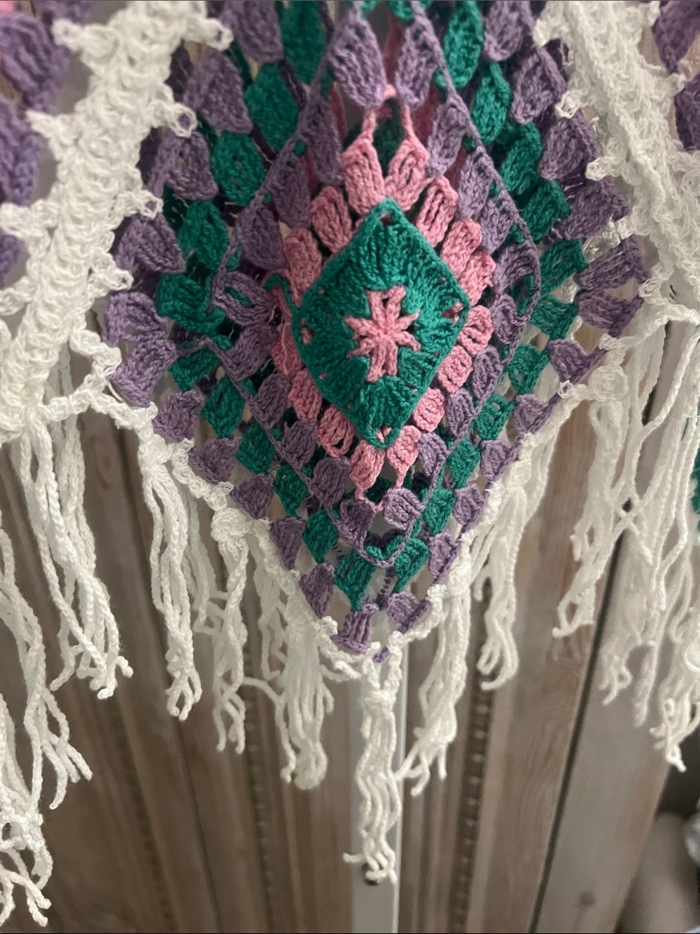 Boho Crochet Fringe Tank Top in White, Purple & Green - Picture 3 of 4